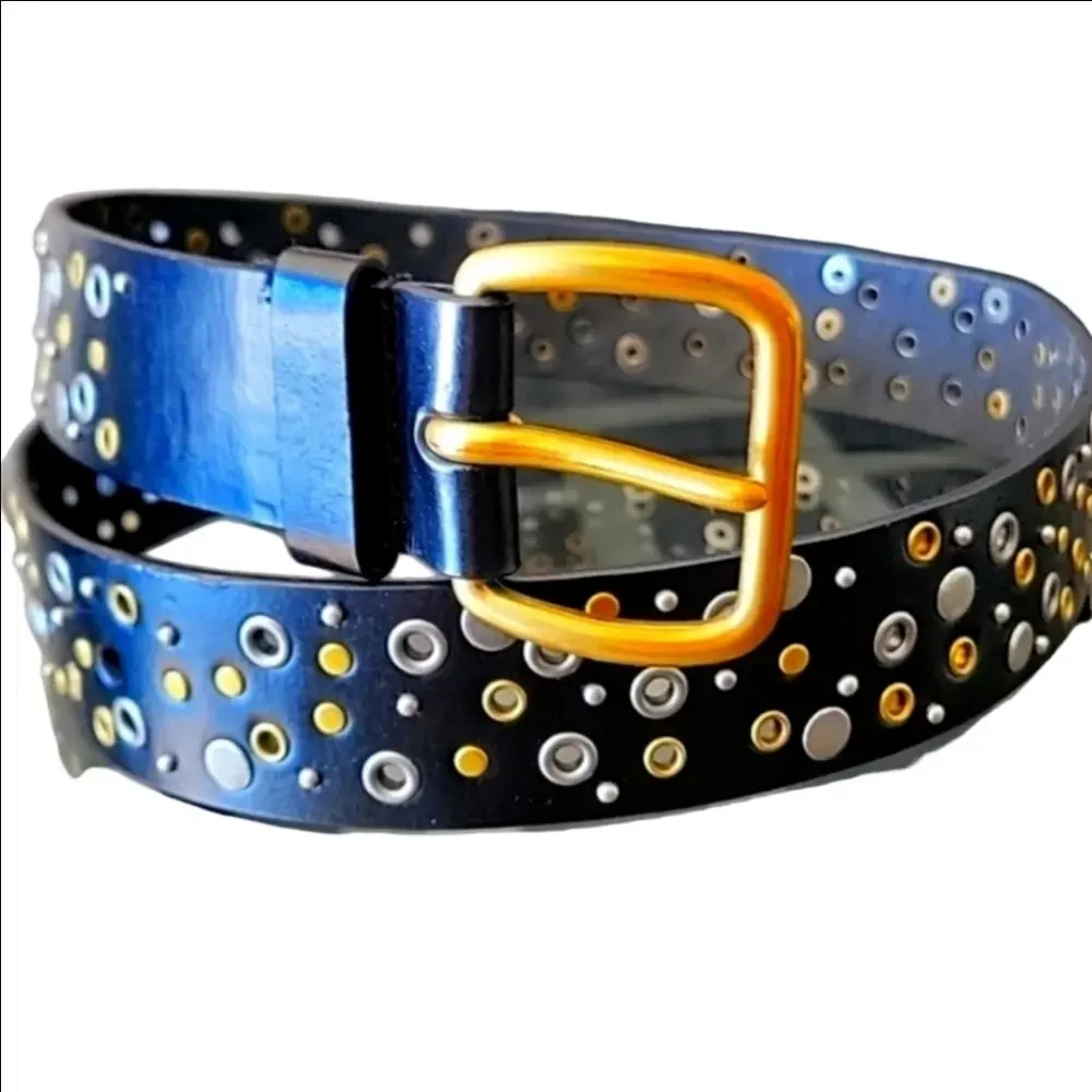 Y2K Genuine Bonded Black Leather Silver Brass Studded Embellished Belt New
